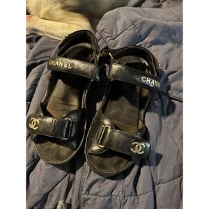 Chanel Dad Sandals Black Lambskin Quilted CC Logo Gold Hardware Strappy Platform